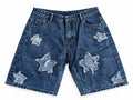 Short en jean acid wash bleu avec patchs étoiles effrangés
