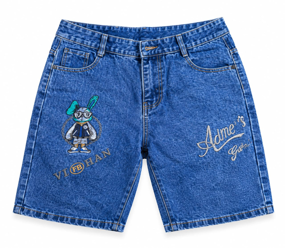 Short en jean bleu roi avec broderie lapin cartoon et script Adme's Girl