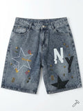 Short en jean gris acid wash avec étoile NewJeans et clous dorés