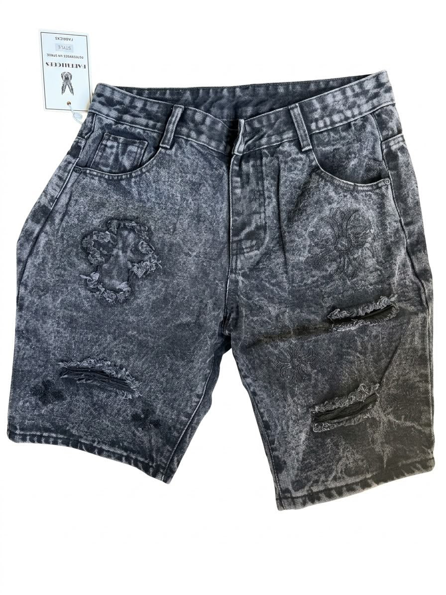 Short en jean noir et gris distressed avec carte Seventh Sins
