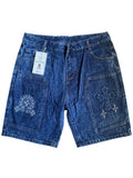 Short en jean cargo bleu foncé avec broderies blanches, étiquette Lacrosse Street taille 36