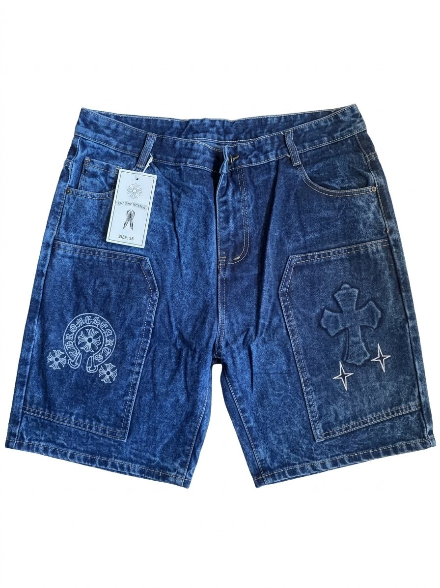 Short en jean cargo bleu foncé avec broderies blanches, étiquette Lacrosse Street taille 36