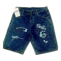 Short en jean marine acid wash avec broderies GAC et Backloon