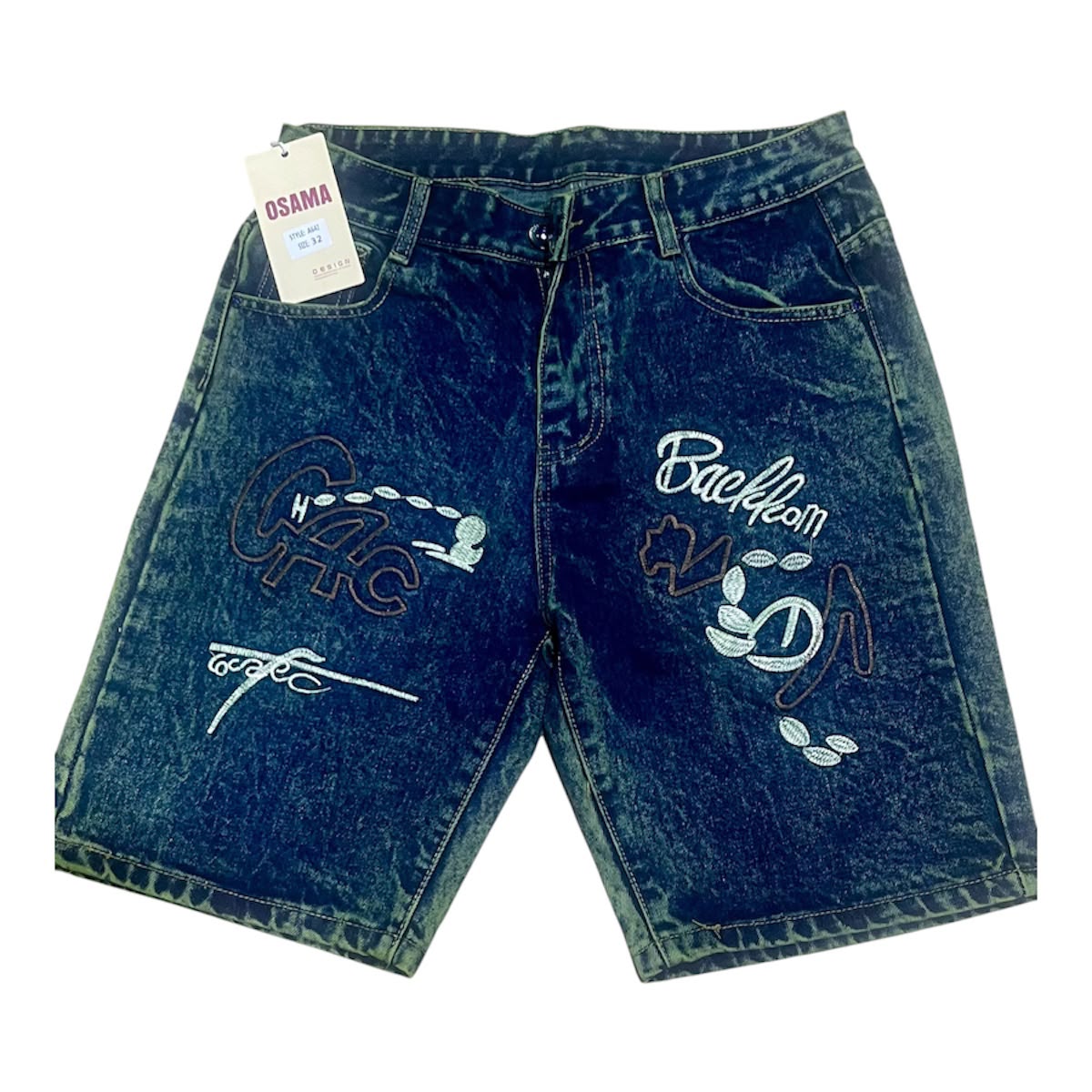 Short en jean marine acid wash avec broderies GAC et Backloon