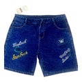 Short en jean bleu roi acid wash avec broderies scripts jaunes et patch W