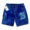Short en jean bleu roi acid wash avec broderie monogramme squelette turquoise