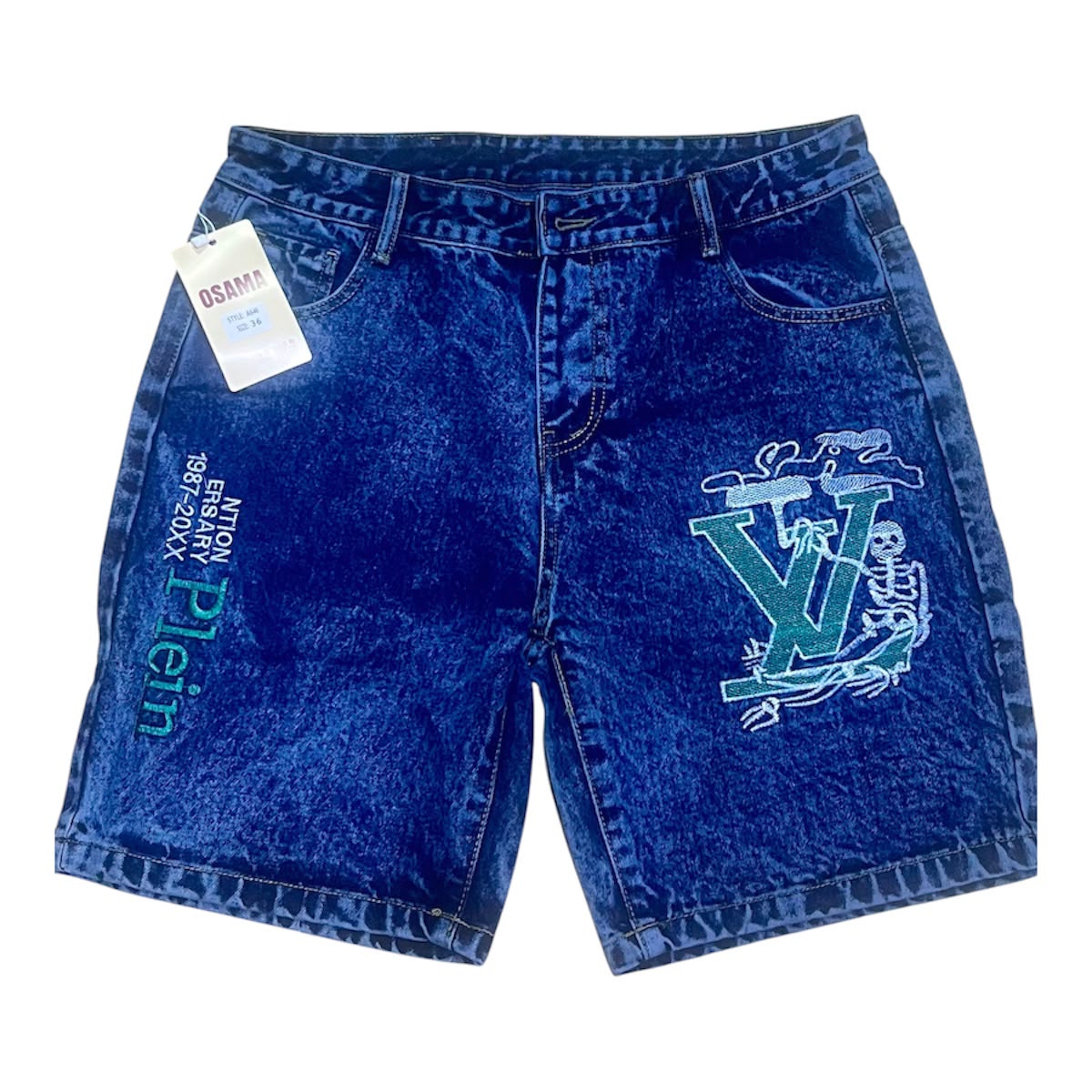 Short en jean bleu roi acid wash avec broderie monogramme squelette turquoise
