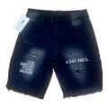 Short en jean noir déchiré avec imprimés CHCNEL et logo CC embossé