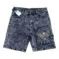 Short en jean noir acid wash avec broderie ange doré sur poche cargo