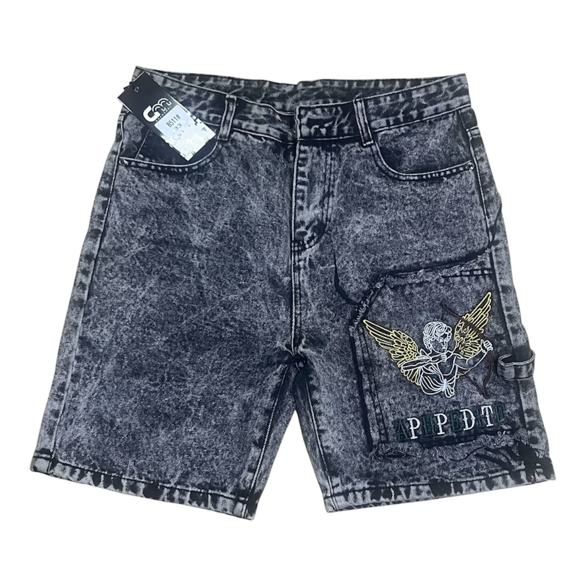 Short en jean noir acid wash avec broderie ange doré sur poche cargo