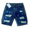 Short en jean bleu foncé acid wash avec inserts effrangés et peinture blanche