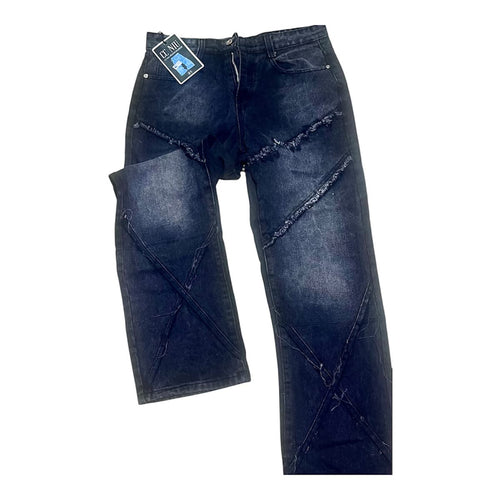 Jean baggy marine délavé avec entailles effrangées, étiquette GT. Miu taille 31