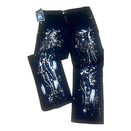 Jean baggy noir avec éclaboussures de peinture blanche et jaune, taille 31
