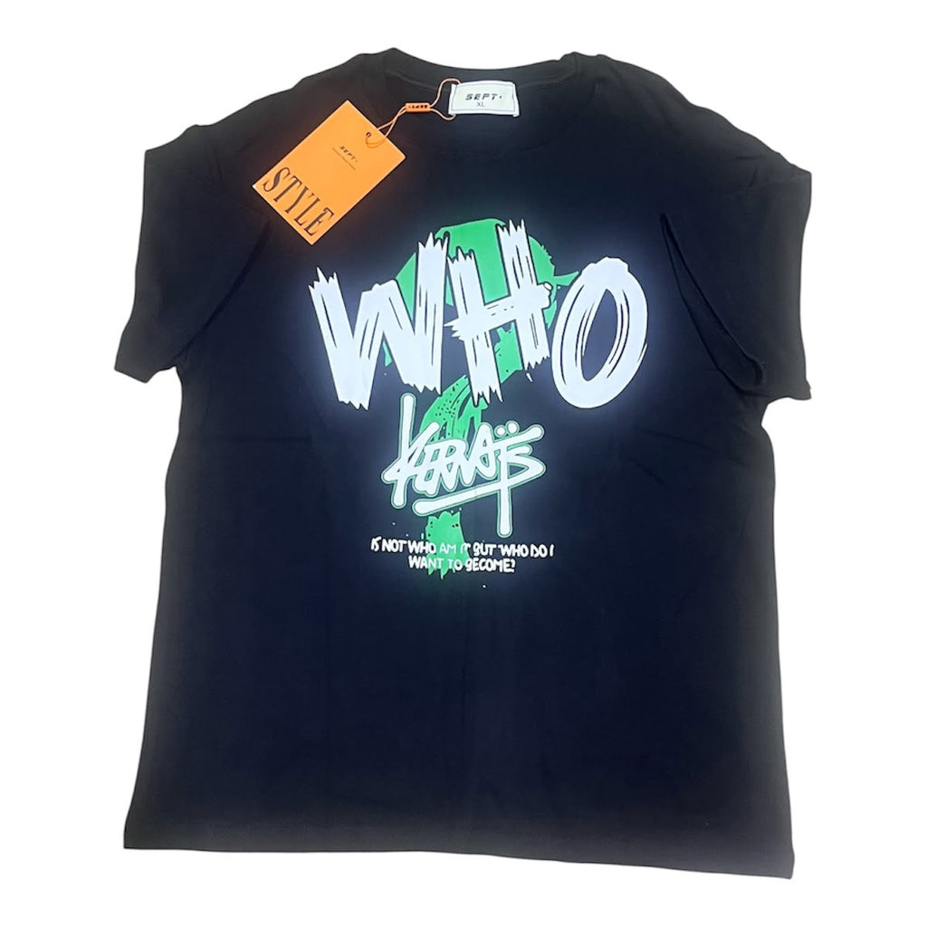 T-shirt noir avec imprimé graffiti blanc et vert WHO Karn's