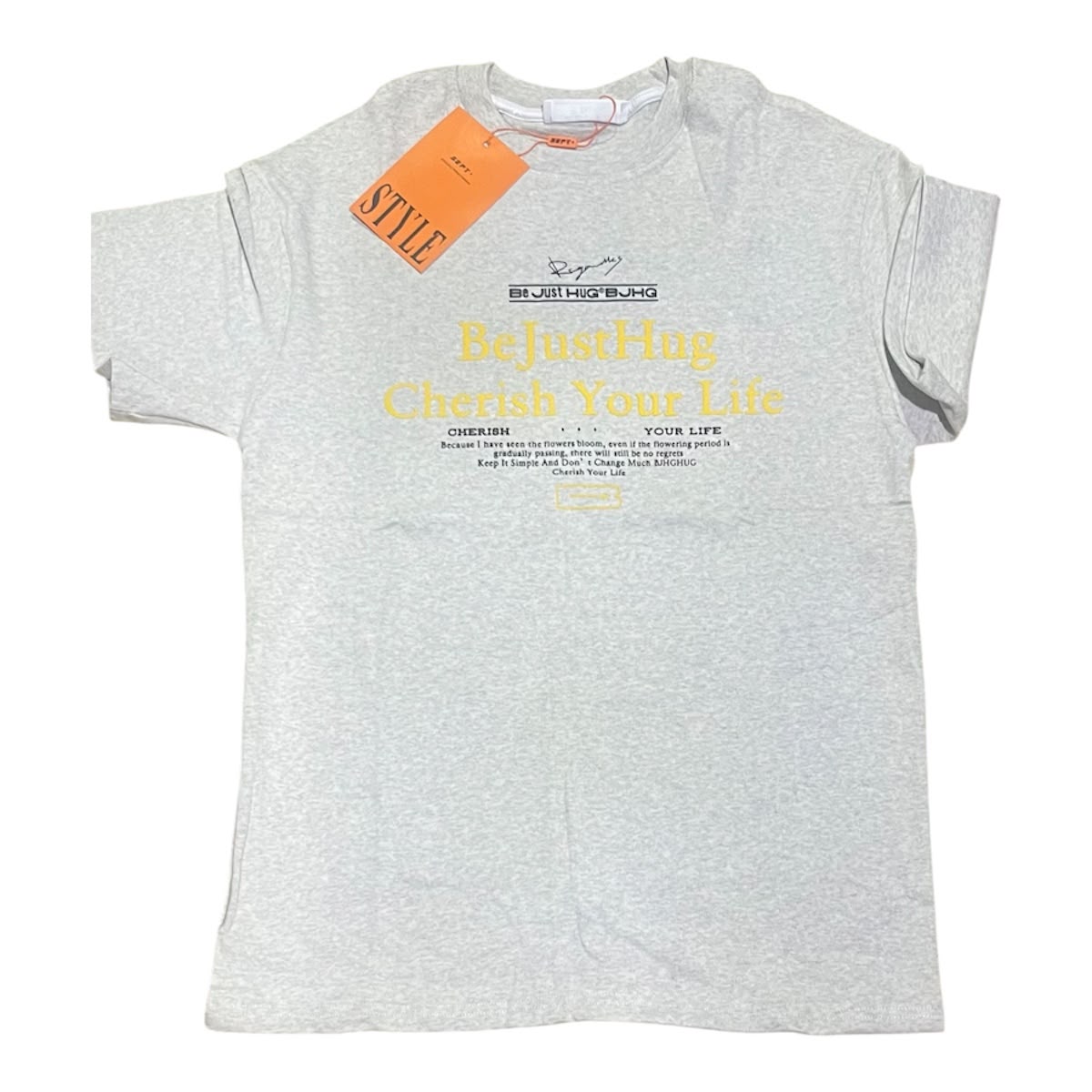 T-shirt gris chiné avec imprimé jaune BeJustHug Cherish Your Life